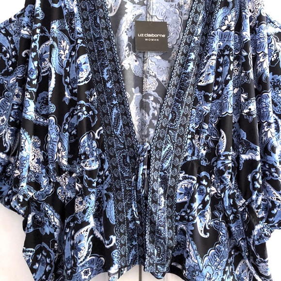 1X NWT Liz Claiborne Topper Kimono Top Dolman Blouse Boho Blue Black - Picture 4 of 7